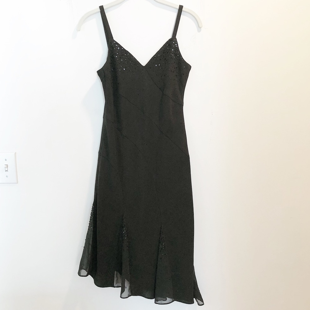 Black beaded asymmetrical evening dress
